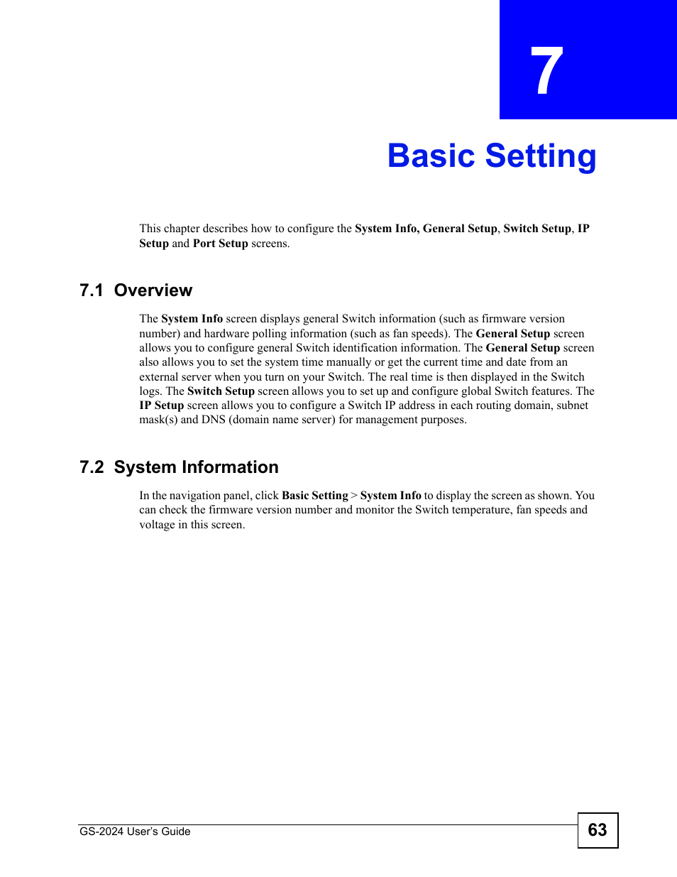 Basic setting, 1 overview, 2 system information | Chapter 7 basic setting, 1 overview 7.2 system information, Basic setting (63) | ZyXEL Communications ZyXEL Dimension GS-2024 User Manual | Page 63 / 266