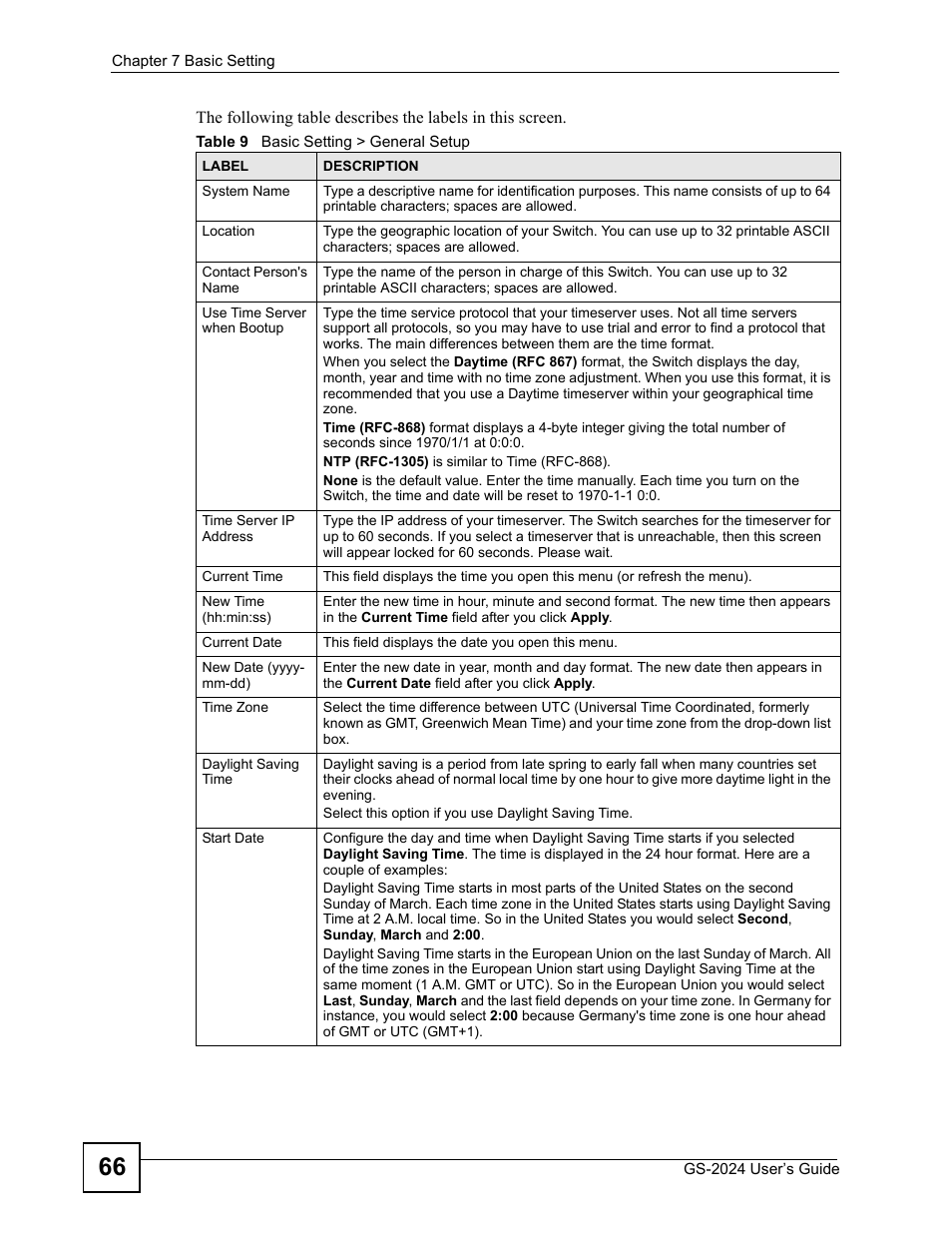 Table 9 basic setting > general setup | ZyXEL Communications ZyXEL Dimension GS-2024 User Manual | Page 66 / 266