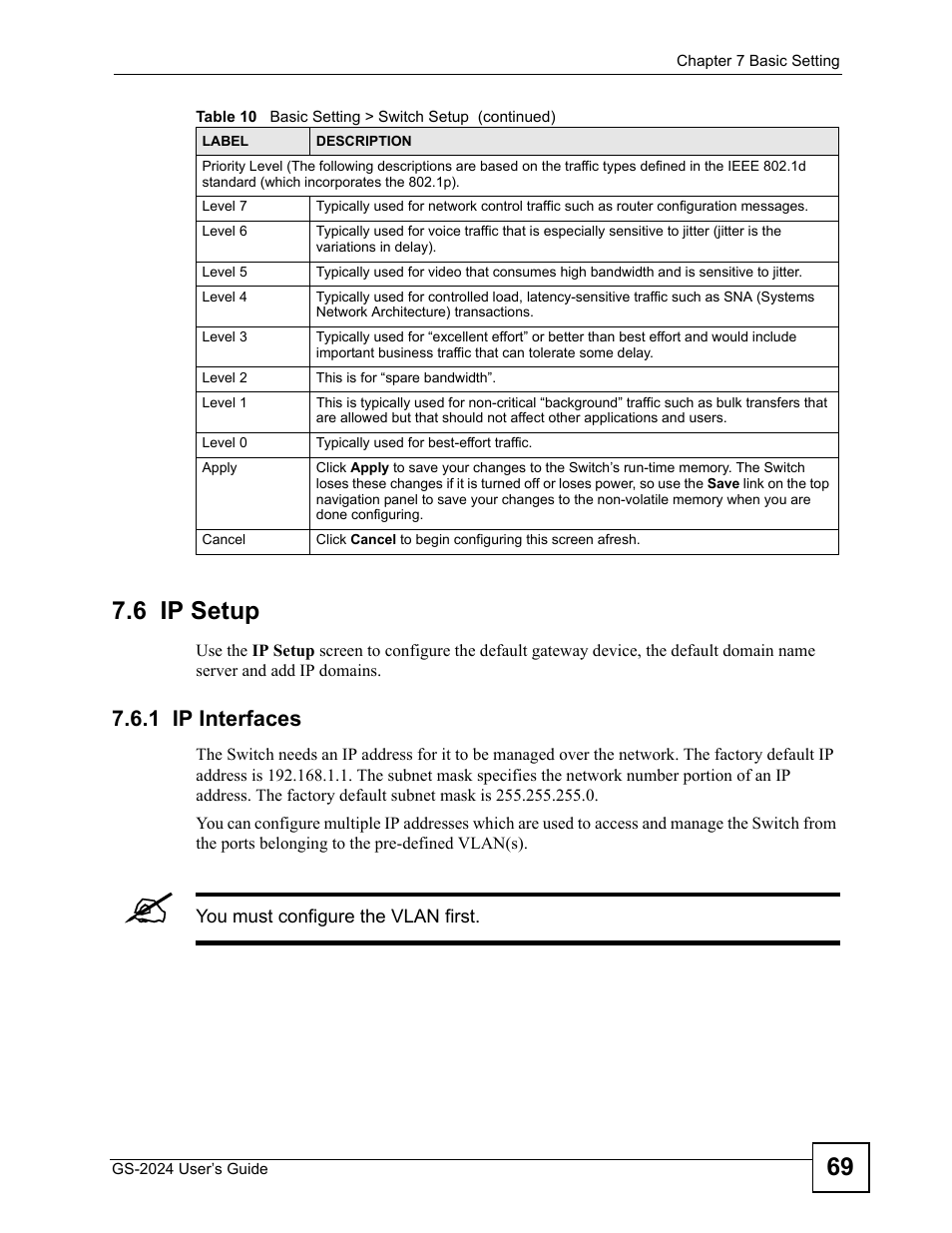 6 ip setup, 1 ip interfaces, 69 7.6 ip setup | ZyXEL Communications ZyXEL Dimension GS-2024 User Manual | Page 69 / 266