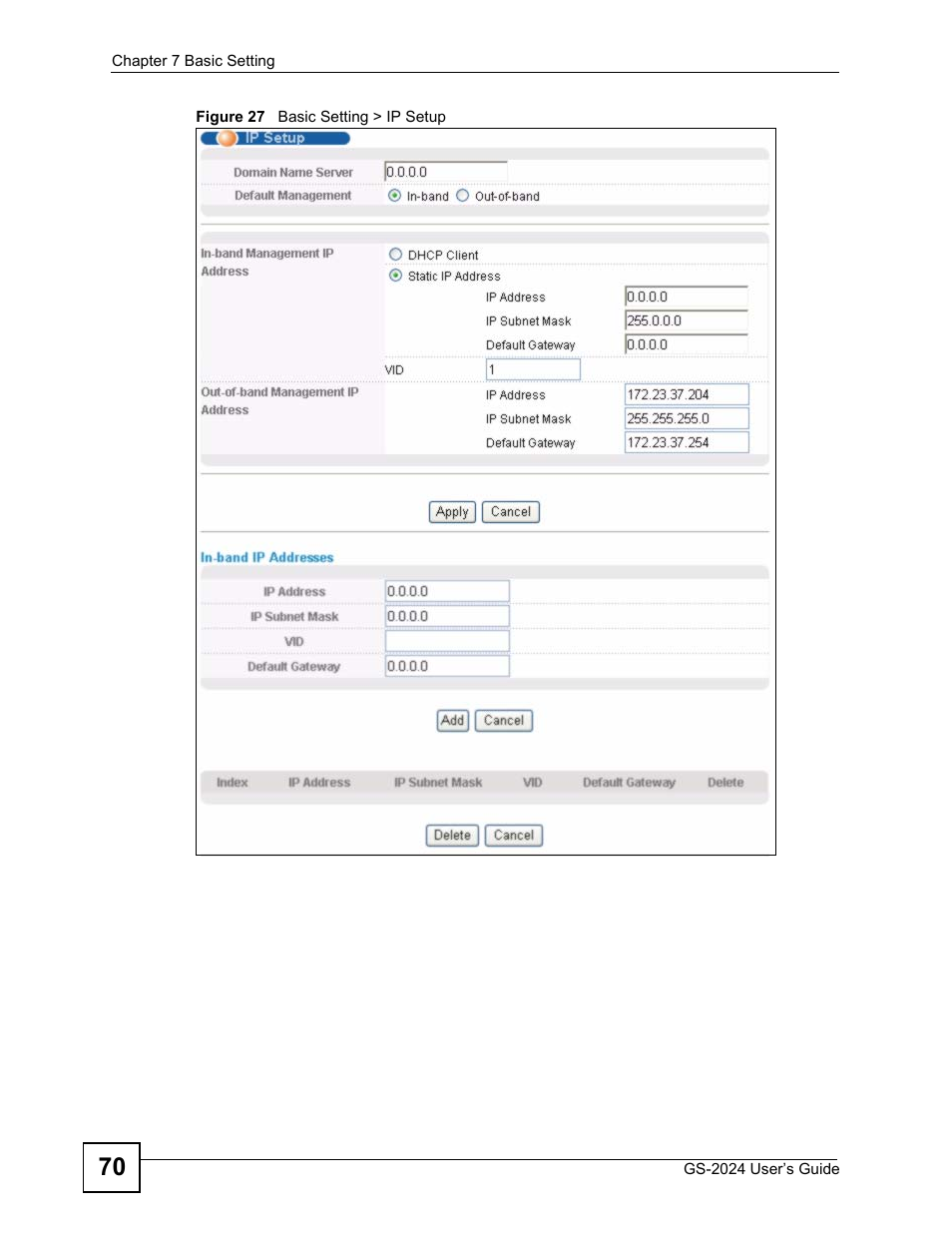 Figure 27 basic setting > ip setup | ZyXEL Communications ZyXEL Dimension GS-2024 User Manual | Page 70 / 266