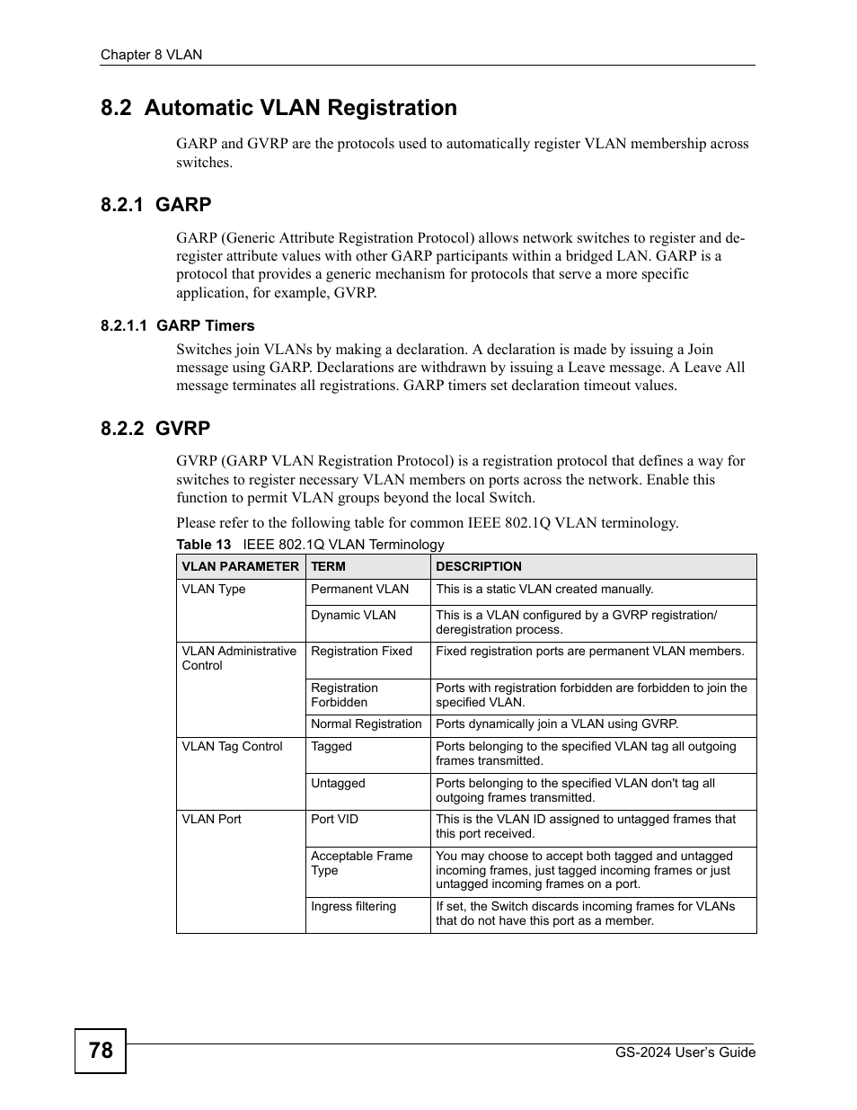 2 automatic vlan registration, 1 garp, 2 gvrp | 1 garp 8.2.2 gvrp, Table 13 ieee 802.1q vlan terminology, 78 8.2 automatic vlan registration | ZyXEL Communications ZyXEL Dimension GS-2024 User Manual | Page 78 / 266