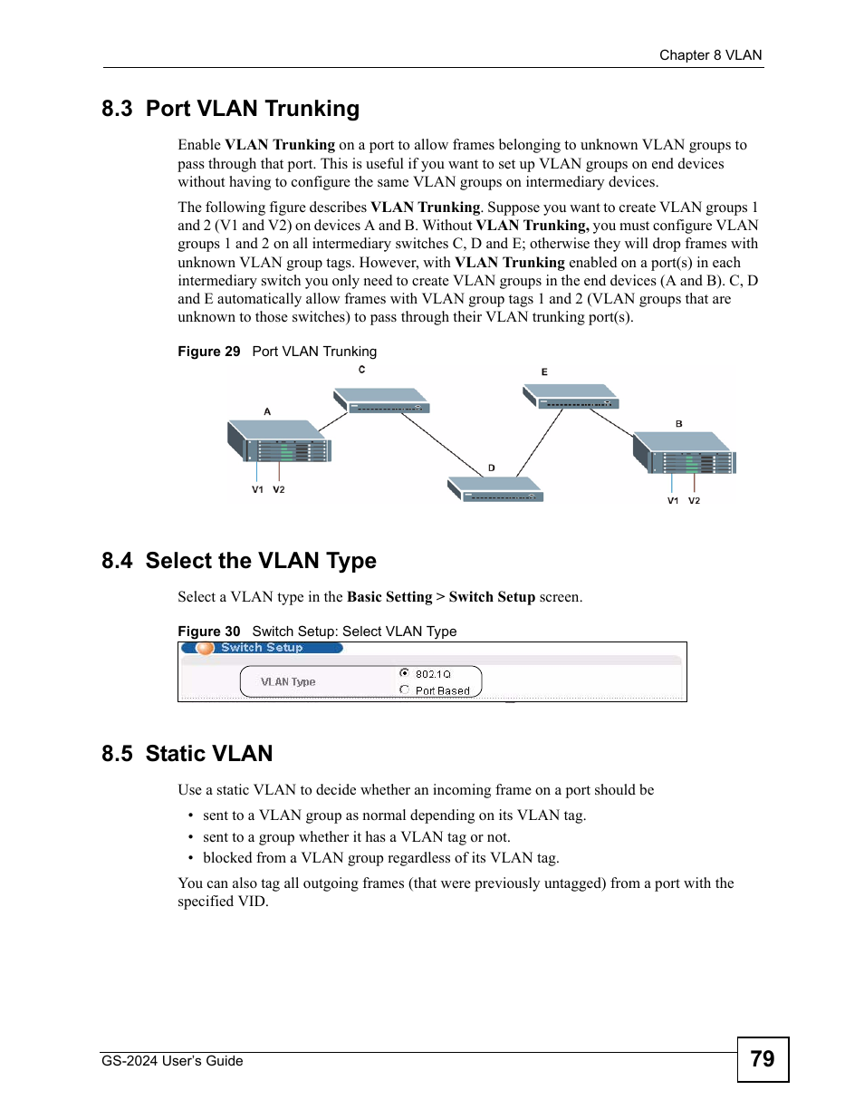 3 port vlan trunking, 4 select the vlan type, 5 static vlan | 79 8.3 port vlan trunking | ZyXEL Communications ZyXEL Dimension GS-2024 User Manual | Page 79 / 266