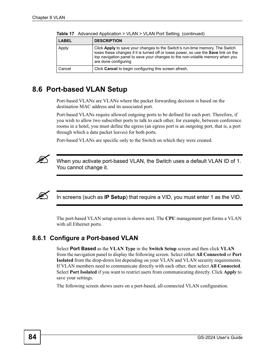 6 port-based vlan setup, 1 configure a port-based vlan, 84 8.6 port-based vlan setup | ZyXEL Communications ZyXEL Dimension GS-2024 User Manual | Page 84 / 266