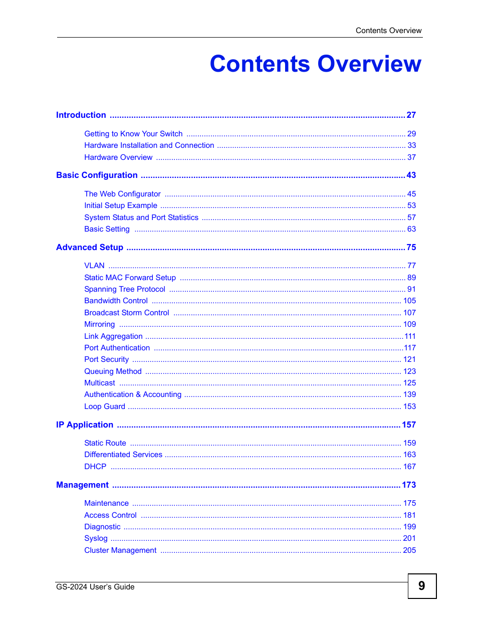Contents overview | ZyXEL Communications ZyXEL Dimension GS-2024 User Manual | Page 9 / 266