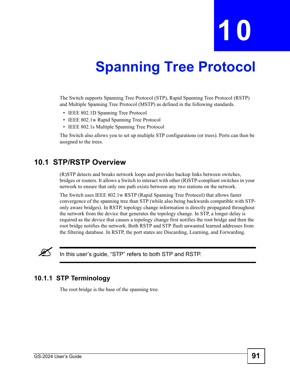 Spanning tree protocol, 1 stp/rstp overview, 1 stp terminology | Chapter 10 spanning tree protocol, Spanning tree protocol (91) | ZyXEL Communications ZyXEL Dimension GS-2024 User Manual | Page 91 / 266