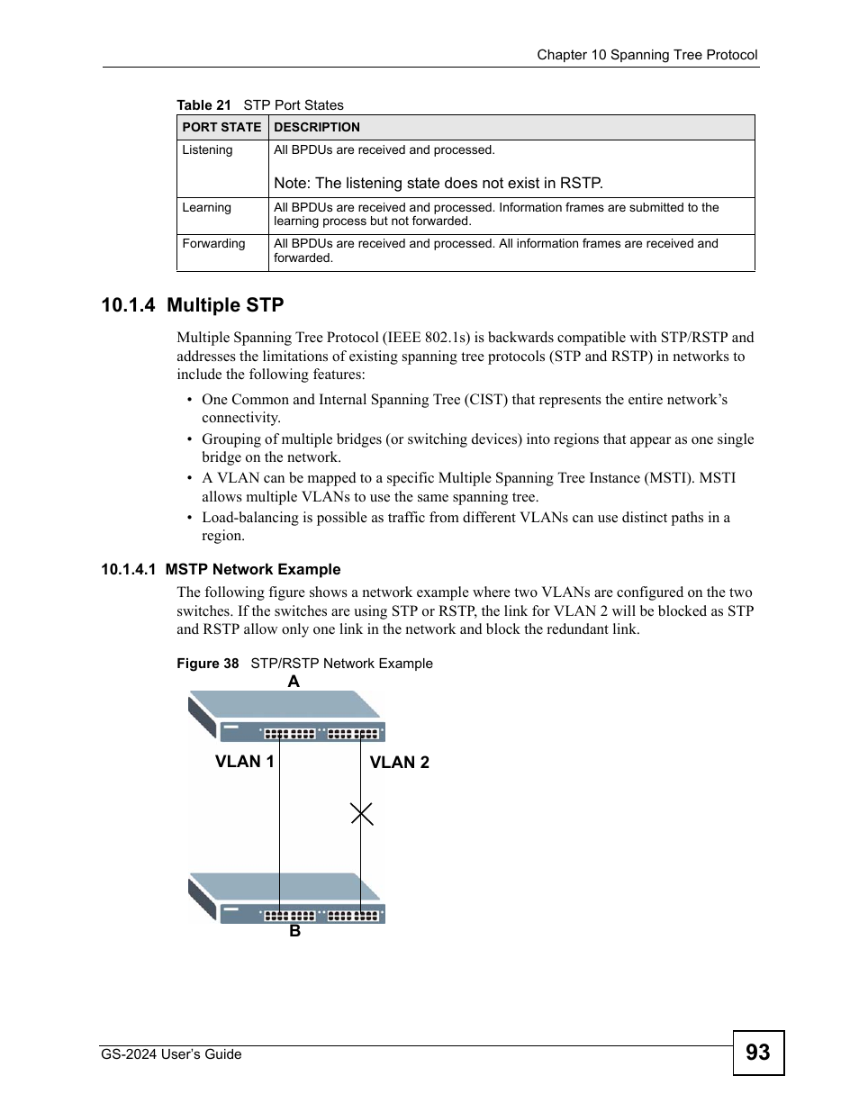 4 multiple stp, Figure 38 stp/rstp network example | ZyXEL Communications ZyXEL Dimension GS-2024 User Manual | Page 93 / 266