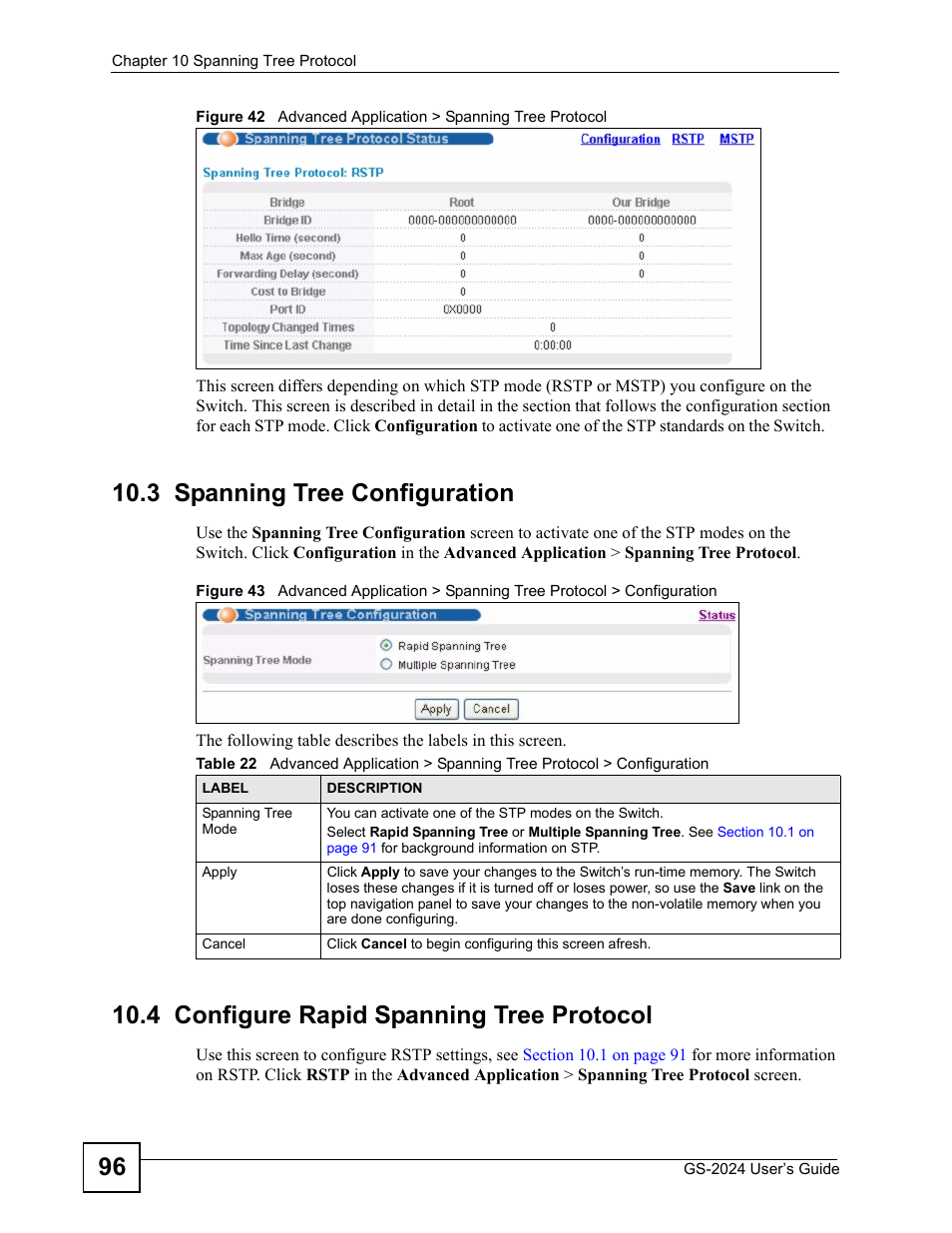 3 spanning tree configuration, 4 configure rapid spanning tree protocol | ZyXEL Communications ZyXEL Dimension GS-2024 User Manual | Page 96 / 266