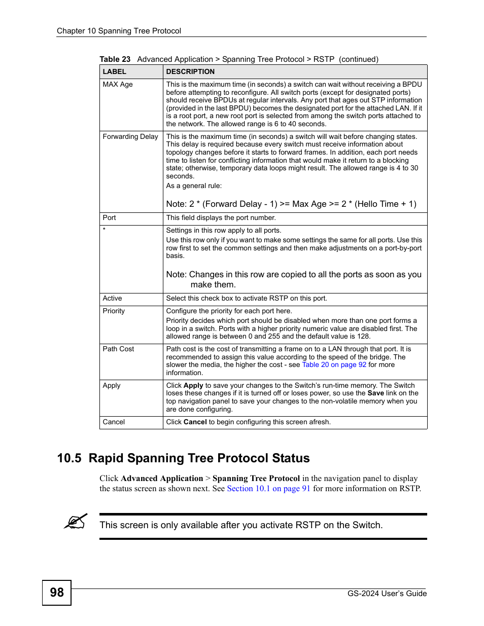 5 rapid spanning tree protocol status | ZyXEL Communications ZyXEL Dimension GS-2024 User Manual | Page 98 / 266