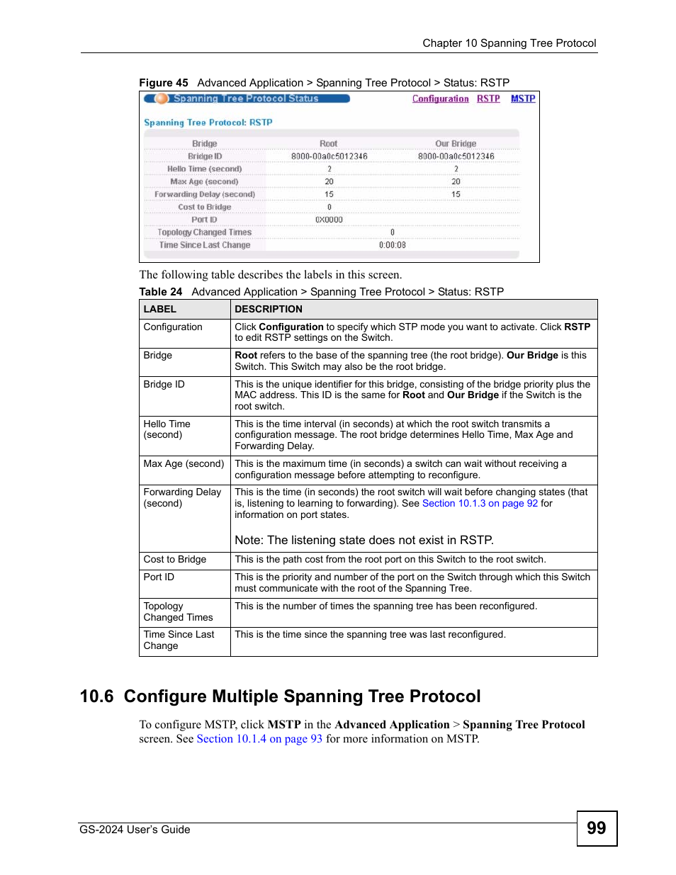 6 configure multiple spanning tree protocol | ZyXEL Communications ZyXEL Dimension GS-2024 User Manual | Page 99 / 266