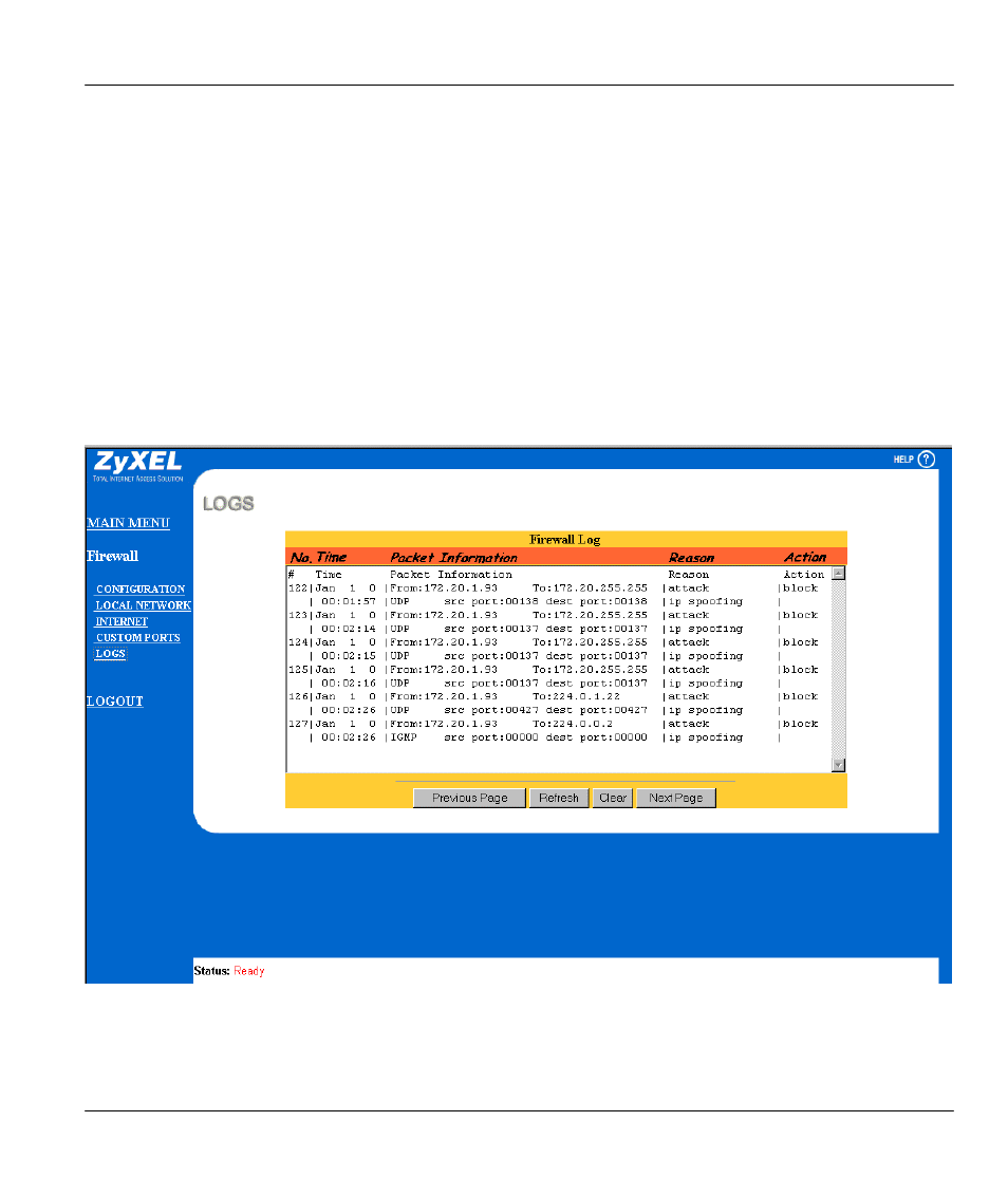 Logs, Log screen, Chapter 18 logs | ZyXEL Communications Broadband Security Gateway P-312 User Manual | Page 199 / 254