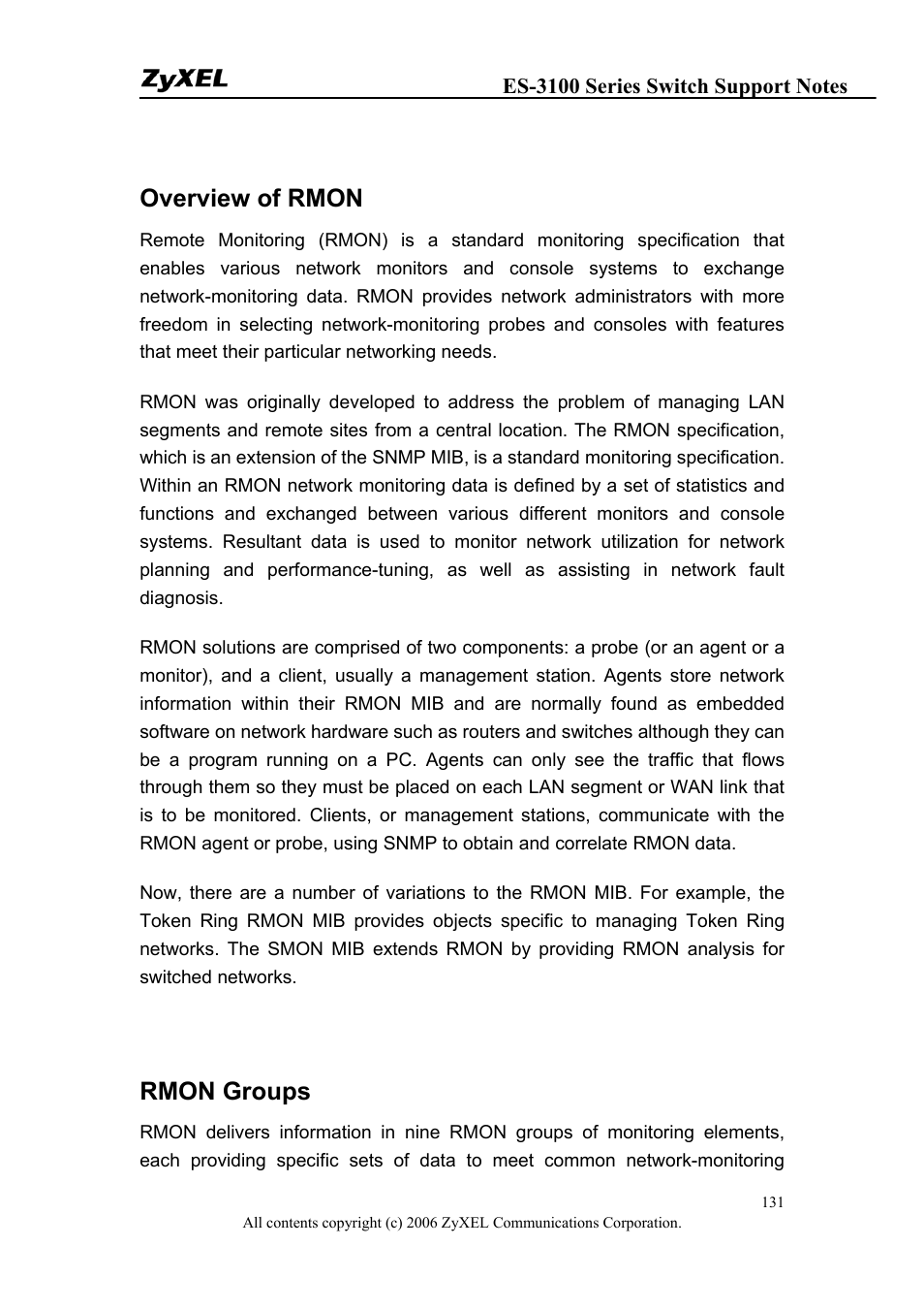 Overview of rmon, Rmon groups | ZyXEL Communications ZyXEL Dimension ES-3124-4F User Manual | Page 131 / 144