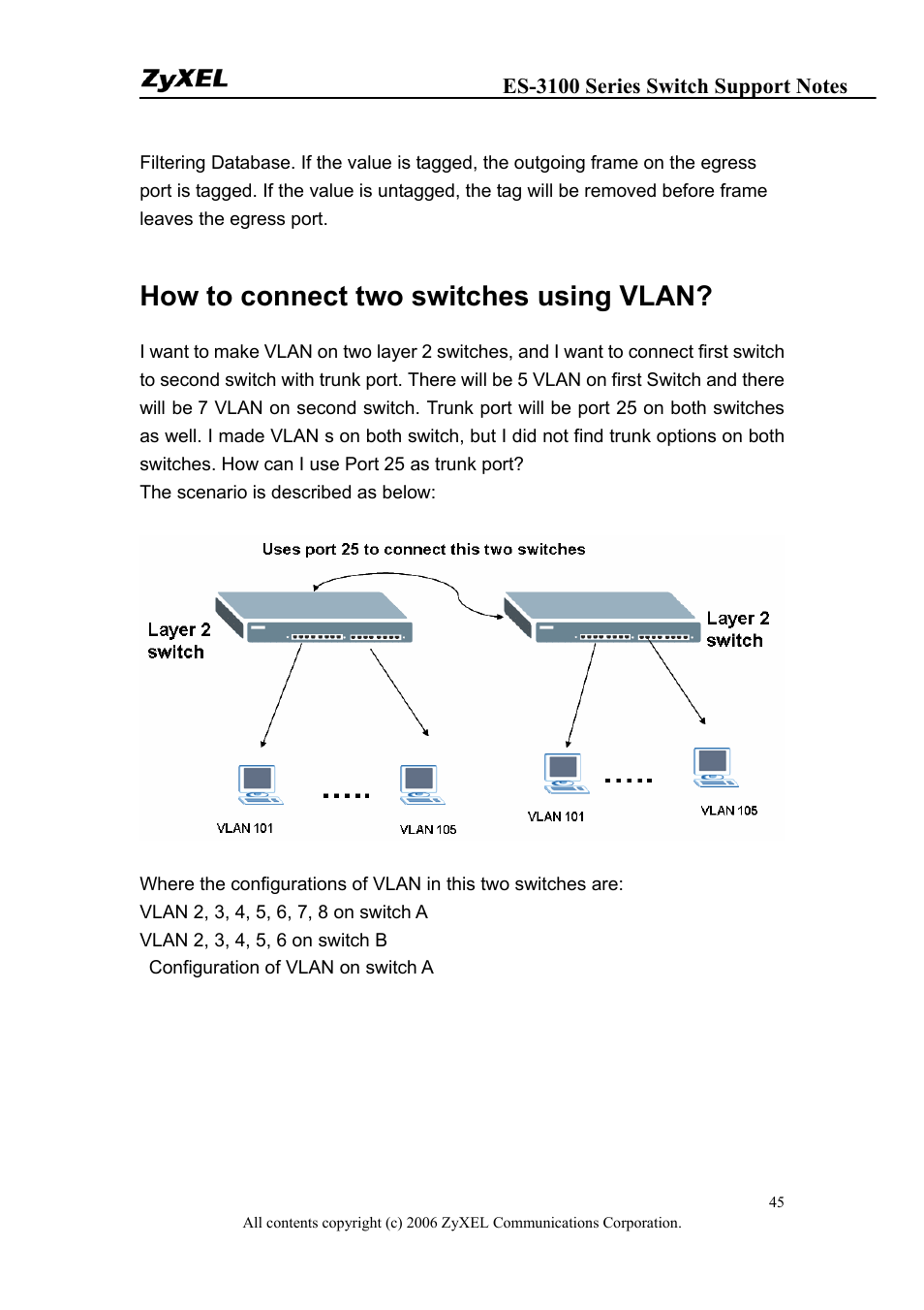 How to connect two switches using vlan | ZyXEL Communications ZyXEL Dimension ES-3124-4F User Manual | Page 45 / 144