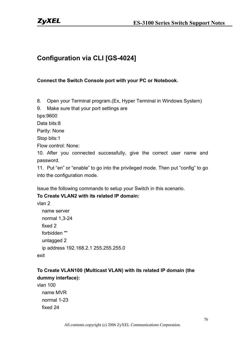 Configuration via cli [gs-4024 | ZyXEL Communications ZyXEL Dimension ES-3124-4F User Manual | Page 76 / 144