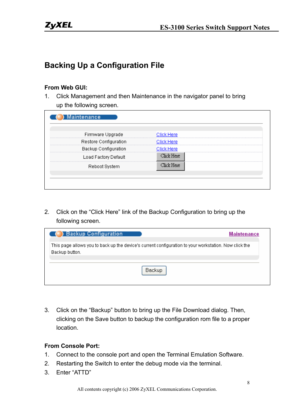 Backing up a configuration file | ZyXEL Communications ZyXEL Dimension ES-3124-4F User Manual | Page 8 / 144