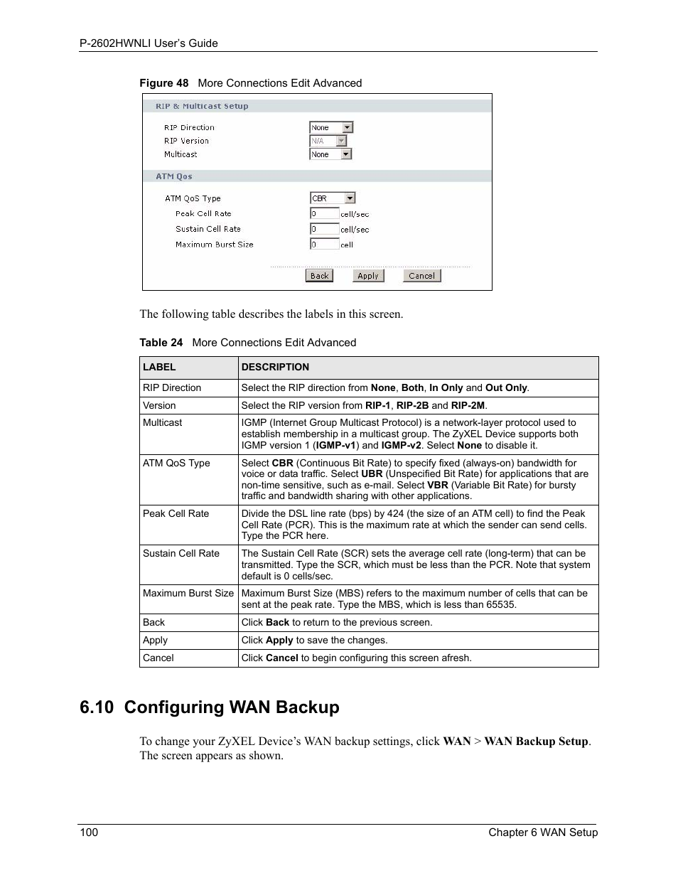 10 configuring wan backup, Figure 48 more connections edit advanced, Table 24 more connections edit advanced | ZyXEL Communications 802.11g Wireless ADSL2+ 4-port VoIP IAD P-2602HWNLI User Manual | Page 100 / 442
