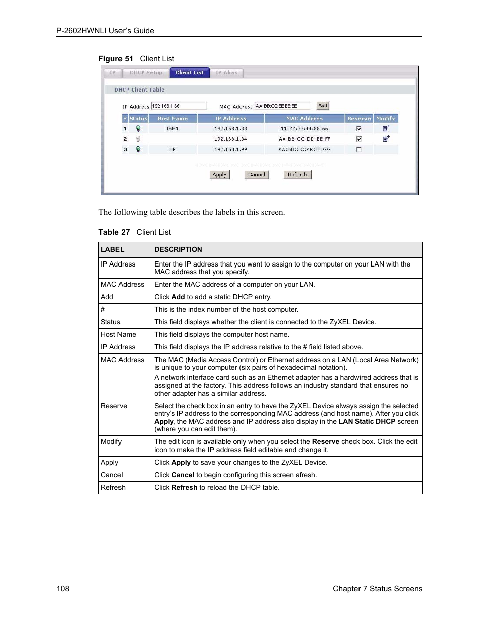 Figure 51 client list, Table 27 client list | ZyXEL Communications 802.11g Wireless ADSL2+ 4-port VoIP IAD P-2602HWNLI User Manual | Page 108 / 442