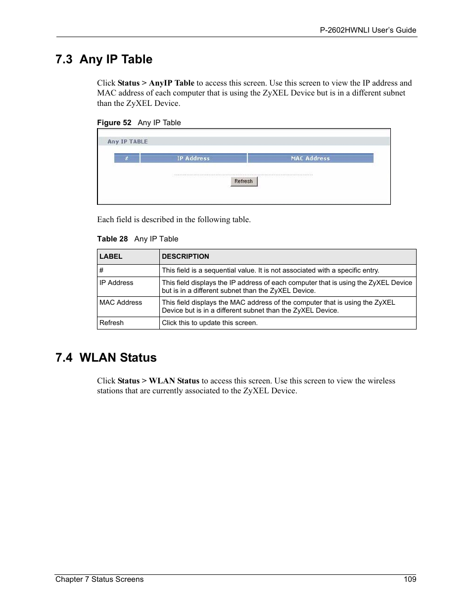 3 any ip table 7.4 wlan status, Figure 52 any ip table, Table 28 any ip table | 3 any ip table, 4 wlan status | ZyXEL Communications 802.11g Wireless ADSL2+ 4-port VoIP IAD P-2602HWNLI User Manual | Page 109 / 442