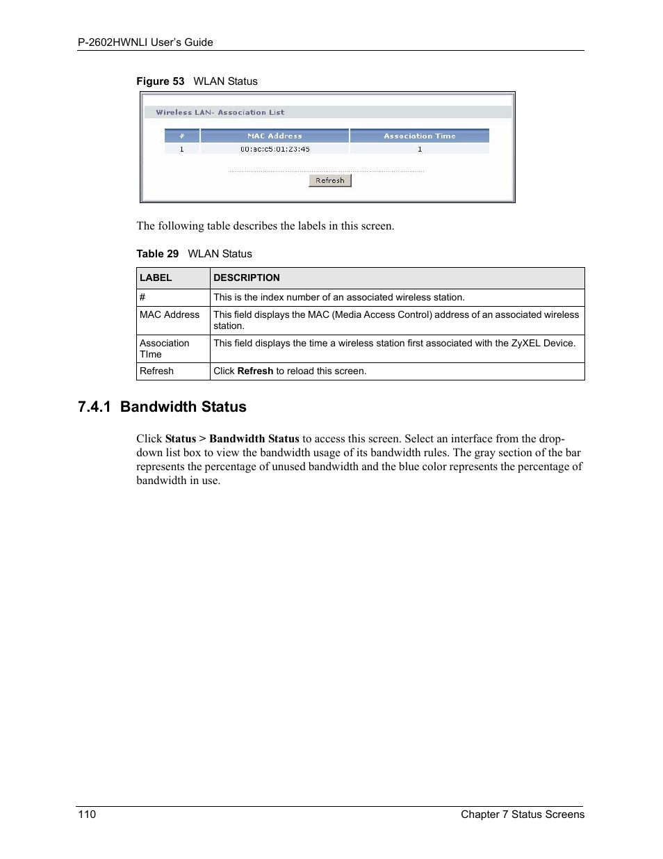 1 bandwidth status, Figure 53 wlan status, Table 29 wlan status | ZyXEL Communications 802.11g Wireless ADSL2+ 4-port VoIP IAD P-2602HWNLI User Manual | Page 110 / 442