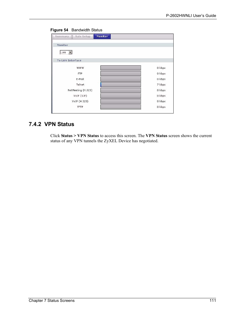 2 vpn status, Figure 54 bandwidth status | ZyXEL Communications 802.11g Wireless ADSL2+ 4-port VoIP IAD P-2602HWNLI User Manual | Page 111 / 442