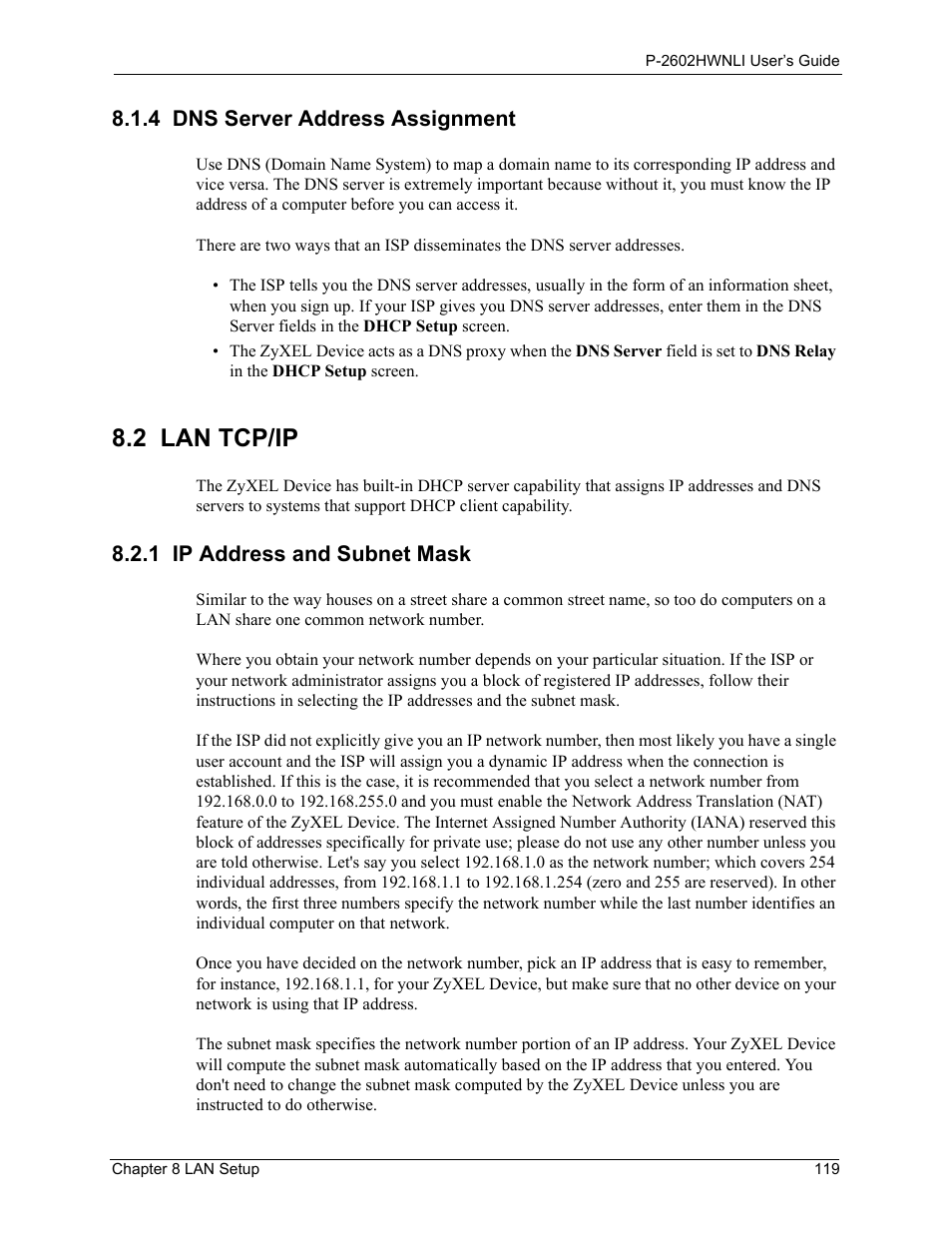 4 dns server address assignment, 2 lan tcp/ip, 1 ip address and subnet mask | ZyXEL Communications 802.11g Wireless ADSL2+ 4-port VoIP IAD P-2602HWNLI User Manual | Page 119 / 442