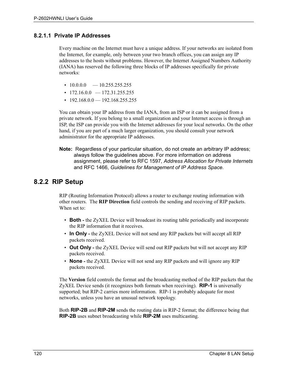 1 private ip addresses, 2 rip setup | ZyXEL Communications 802.11g Wireless ADSL2+ 4-port VoIP IAD P-2602HWNLI User Manual | Page 120 / 442