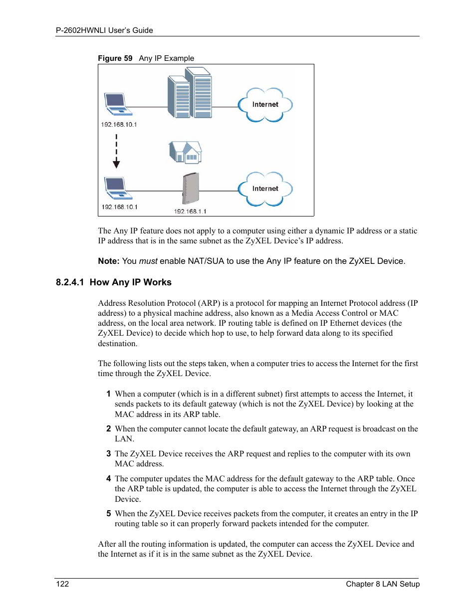 1 how any ip works, Figure 59 any ip example | ZyXEL Communications 802.11g Wireless ADSL2+ 4-port VoIP IAD P-2602HWNLI User Manual | Page 122 / 442