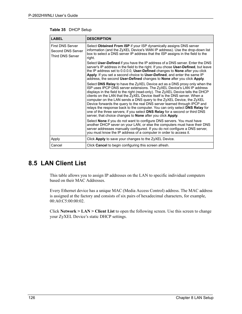 5 lan client list | ZyXEL Communications 802.11g Wireless ADSL2+ 4-port VoIP IAD P-2602HWNLI User Manual | Page 126 / 442
