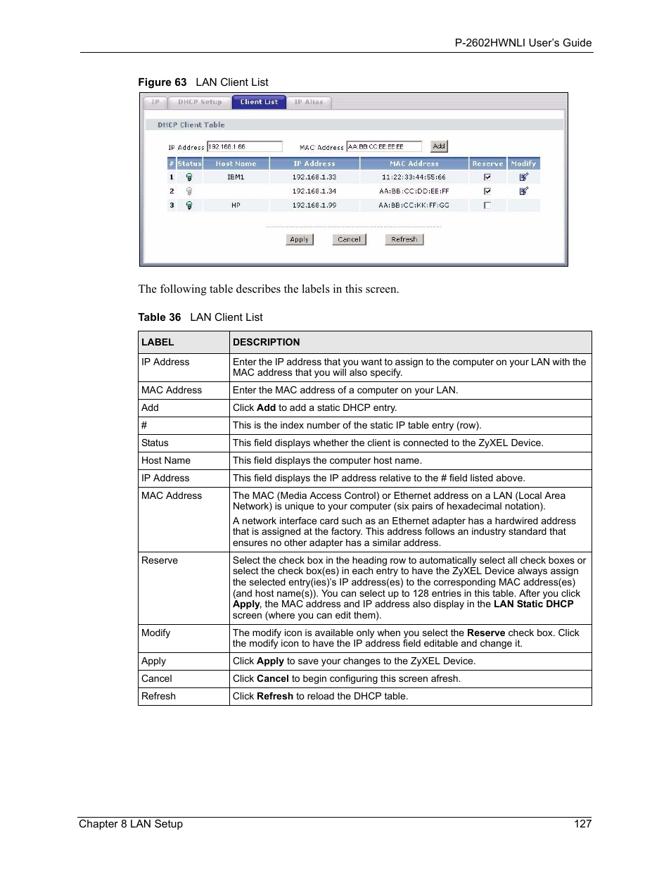 Figure 63 lan client list, Table 36 lan client list | ZyXEL Communications 802.11g Wireless ADSL2+ 4-port VoIP IAD P-2602HWNLI User Manual | Page 127 / 442