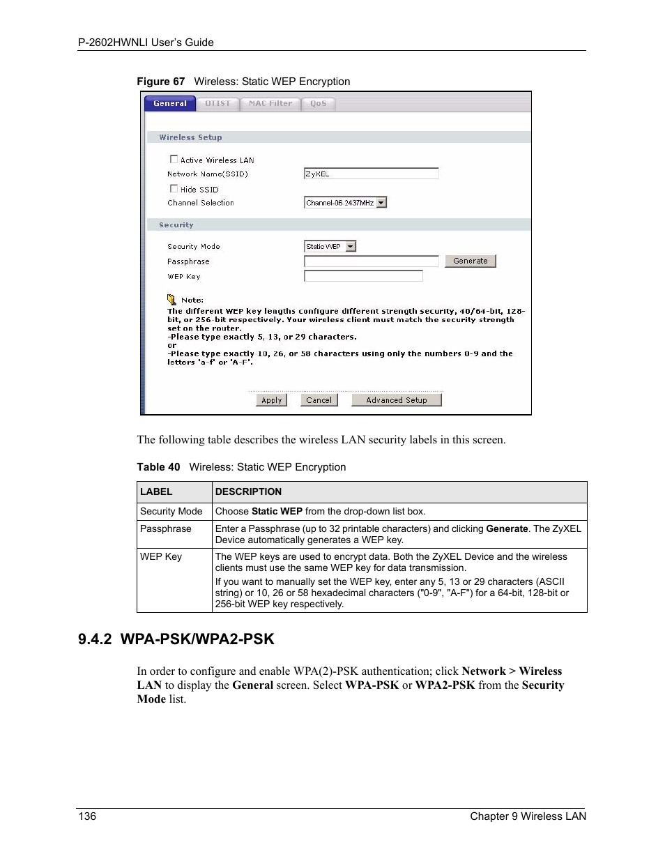 2 wpa-psk/wpa2-psk, Figure 67 wireless: static wep encryption, Table 40 wireless: static wep encryption | ZyXEL Communications 802.11g Wireless ADSL2+ 4-port VoIP IAD P-2602HWNLI User Manual | Page 136 / 442