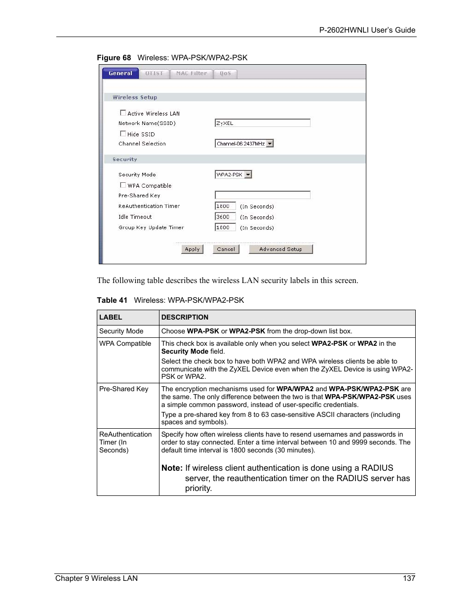Figure 68 wireless: wpa-psk/wpa2-psk, Table 41 wireless: wpa-psk/wpa2-psk | ZyXEL Communications 802.11g Wireless ADSL2+ 4-port VoIP IAD P-2602HWNLI User Manual | Page 137 / 442