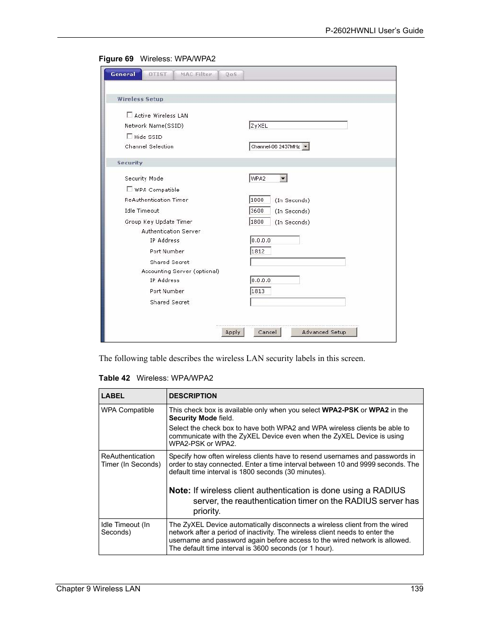 Figure 69 wireless: wpa/wpa2, Table 42 wireless: wpa/wpa2 | ZyXEL Communications 802.11g Wireless ADSL2+ 4-port VoIP IAD P-2602HWNLI User Manual | Page 139 / 442