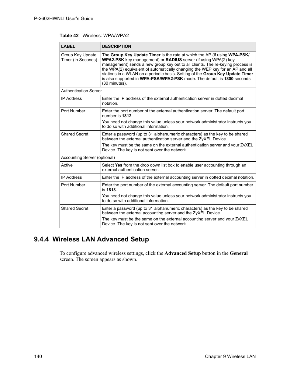 4 wireless lan advanced setup | ZyXEL Communications 802.11g Wireless ADSL2+ 4-port VoIP IAD P-2602HWNLI User Manual | Page 140 / 442