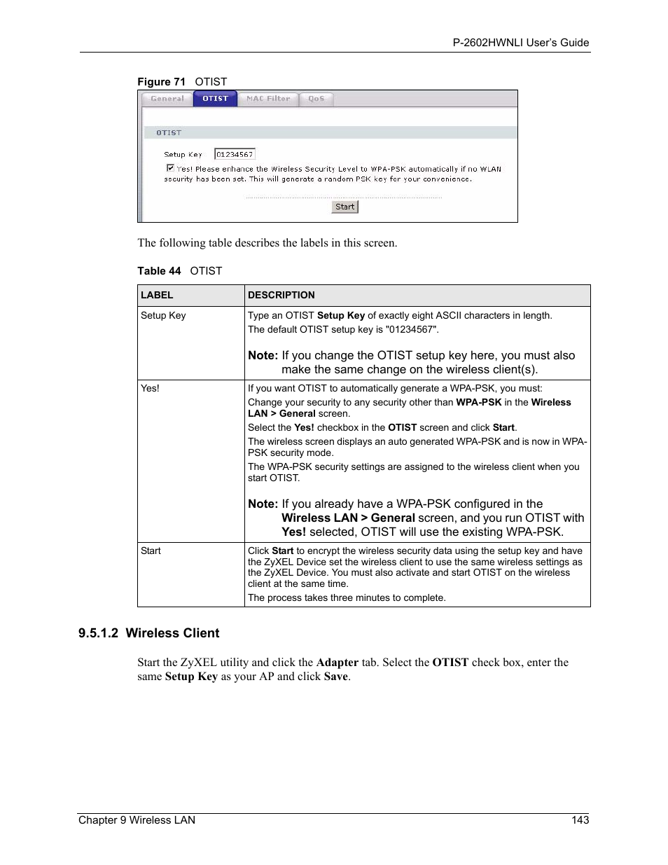 2 wireless client, Figure 71 otist, Table 44 otist | ZyXEL Communications 802.11g Wireless ADSL2+ 4-port VoIP IAD P-2602HWNLI User Manual | Page 143 / 442