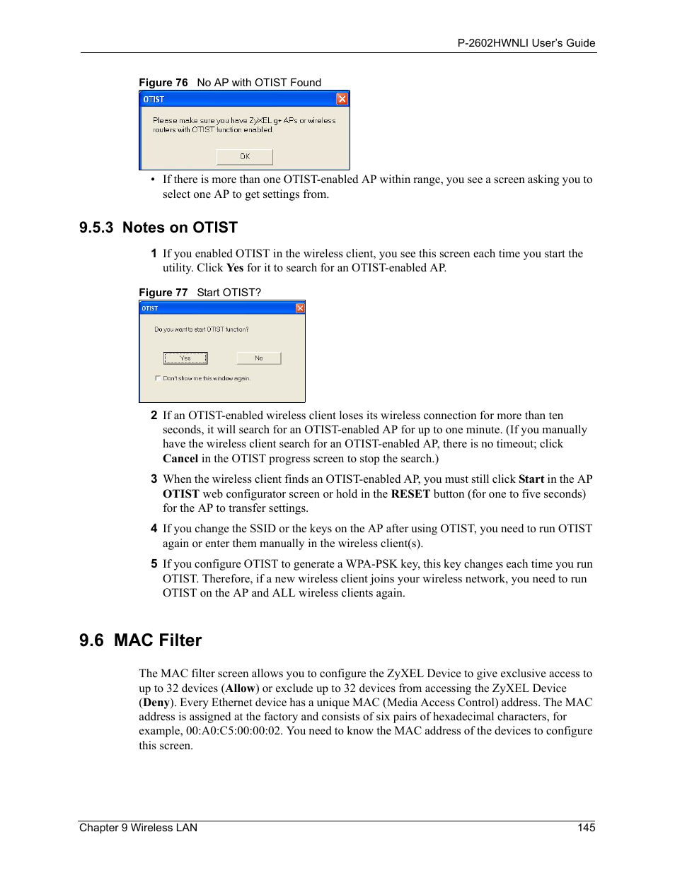 3 notes on otist, 6 mac filter | ZyXEL Communications 802.11g Wireless ADSL2+ 4-port VoIP IAD P-2602HWNLI User Manual | Page 145 / 442