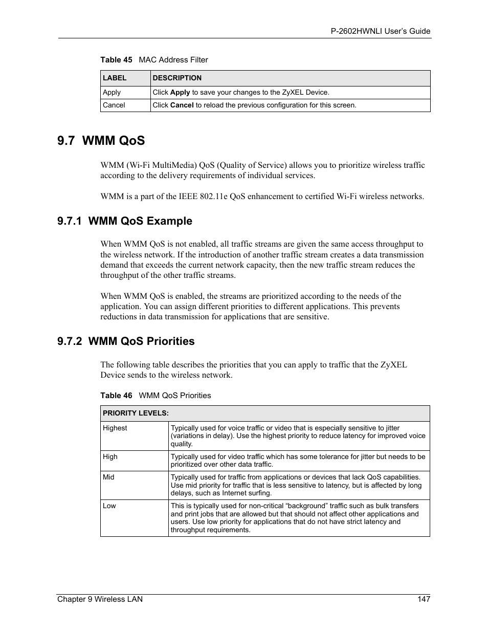 1 wmm qos example, 2 wmm qos priorities, 7 wmm qos | 1 wmm qos example 9.7.2 wmm qos priorities, Table 46 wmm qos priorities | ZyXEL Communications 802.11g Wireless ADSL2+ 4-port VoIP IAD P-2602HWNLI User Manual | Page 147 / 442