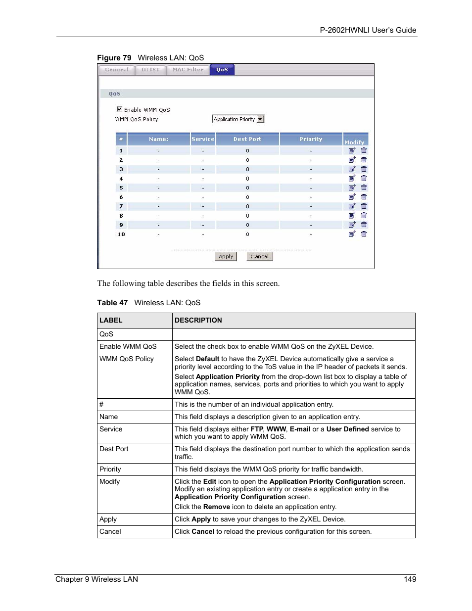 Figure 79 wireless lan: qos, Table 47 wireless lan: qos | ZyXEL Communications 802.11g Wireless ADSL2+ 4-port VoIP IAD P-2602HWNLI User Manual | Page 149 / 442