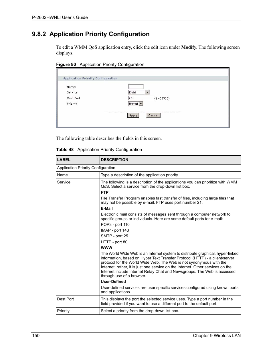 2 application priority configuration, Figure 80 application priority configuration, Table 48 application priority configuration | ZyXEL Communications 802.11g Wireless ADSL2+ 4-port VoIP IAD P-2602HWNLI User Manual | Page 150 / 442
