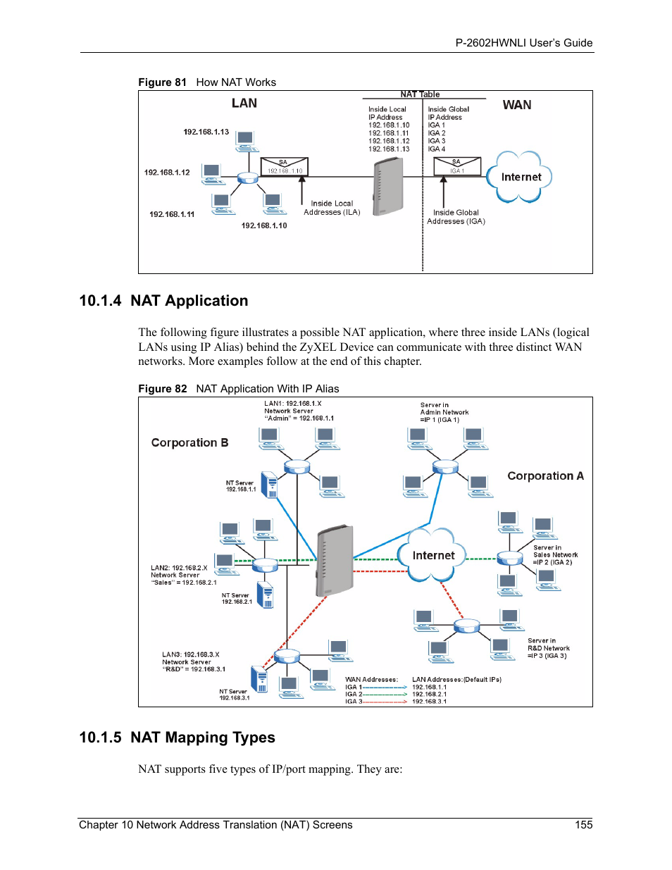 4 nat application, 5 nat mapping types, 4 nat application 10.1.5 nat mapping types | Figure 81 how nat works, Figure 82 nat application with ip alias | ZyXEL Communications 802.11g Wireless ADSL2+ 4-port VoIP IAD P-2602HWNLI User Manual | Page 155 / 442