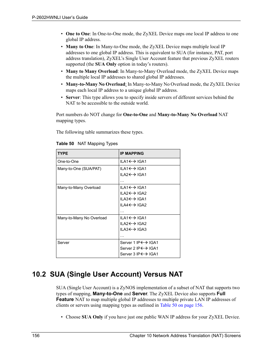 2 sua (single user account) versus nat, Table 50 nat mapping types | ZyXEL Communications 802.11g Wireless ADSL2+ 4-port VoIP IAD P-2602HWNLI User Manual | Page 156 / 442