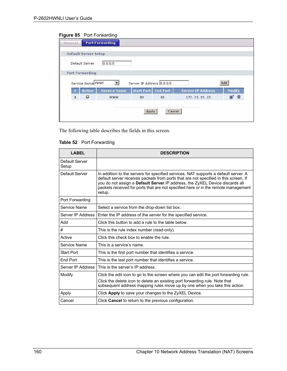 Figure 85 port forwarding, Table 52 port forwarding | ZyXEL Communications 802.11g Wireless ADSL2+ 4-port VoIP IAD P-2602HWNLI User Manual | Page 160 / 442
