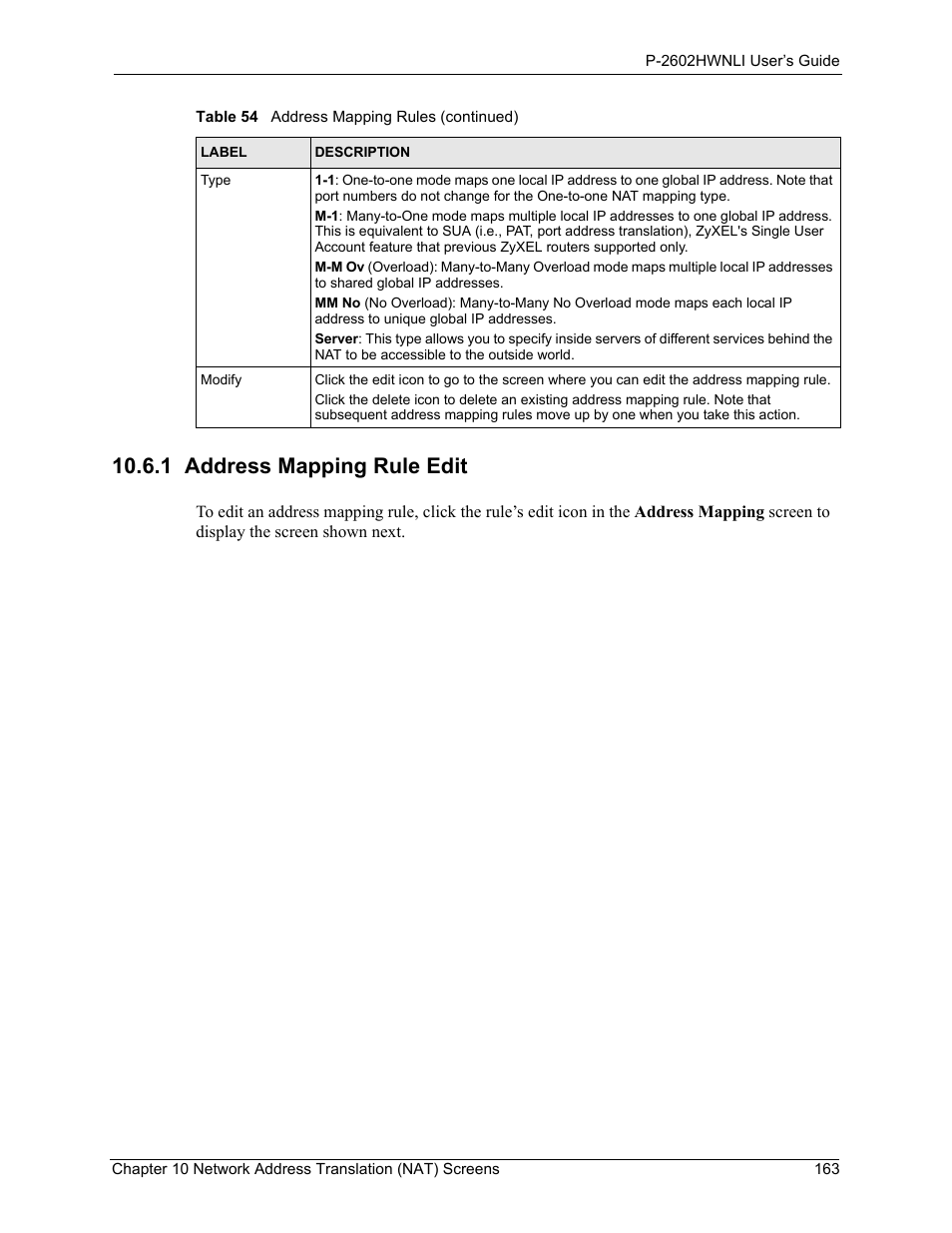 1 address mapping rule edit | ZyXEL Communications 802.11g Wireless ADSL2+ 4-port VoIP IAD P-2602HWNLI User Manual | Page 163 / 442