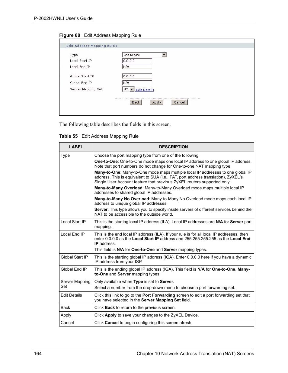Figure 88 edit address mapping rule, Table 55 edit address mapping rule | ZyXEL Communications 802.11g Wireless ADSL2+ 4-port VoIP IAD P-2602HWNLI User Manual | Page 164 / 442