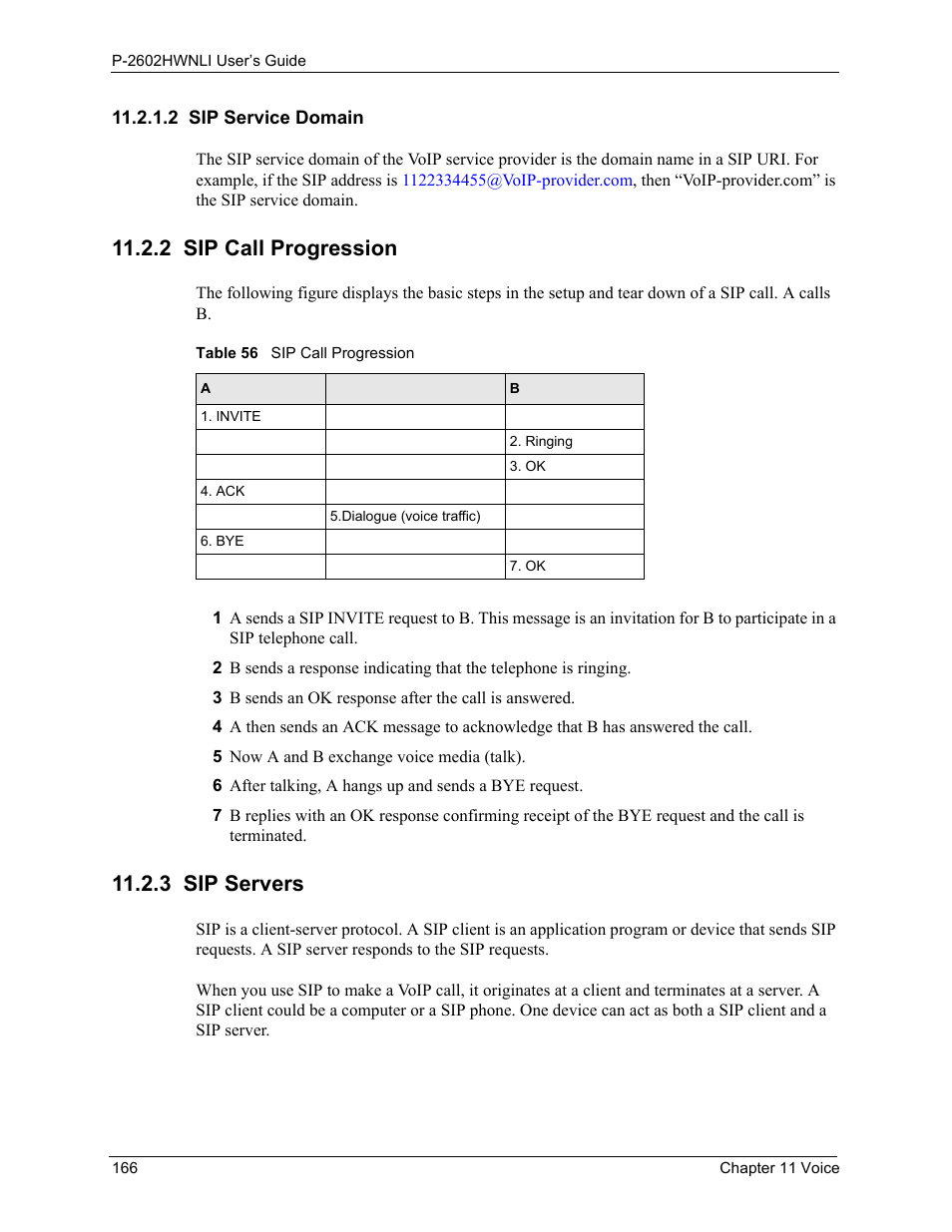 2 sip service domain, 2 sip call progression, 3 sip servers | 2 sip call progression 11.2.3 sip servers, Table 56 sip call progression | ZyXEL Communications 802.11g Wireless ADSL2+ 4-port VoIP IAD P-2602HWNLI User Manual | Page 166 / 442
