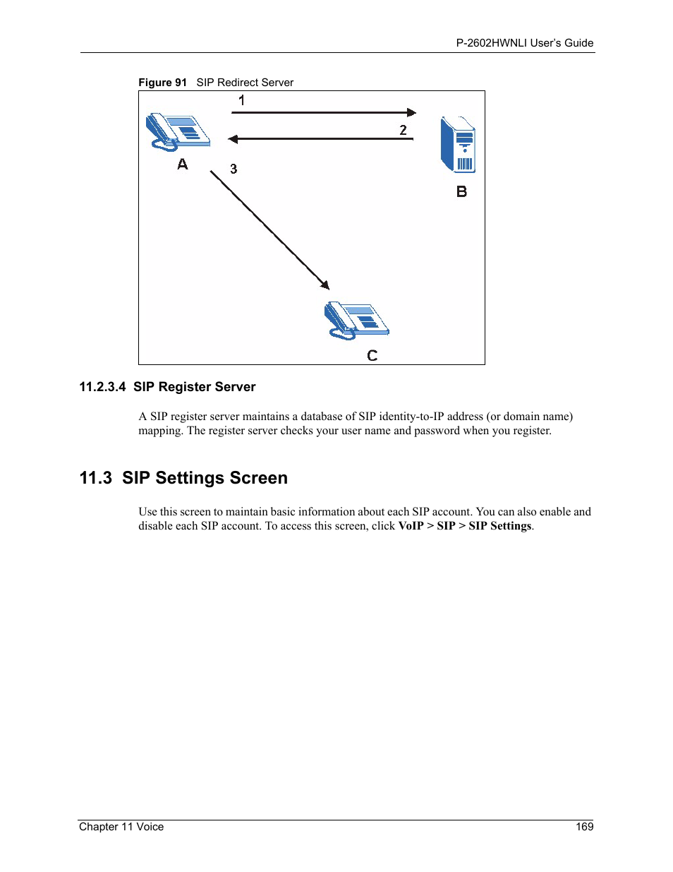 4 sip register server, 3 sip settings screen, Figure 91 sip redirect server | ZyXEL Communications 802.11g Wireless ADSL2+ 4-port VoIP IAD P-2602HWNLI User Manual | Page 169 / 442