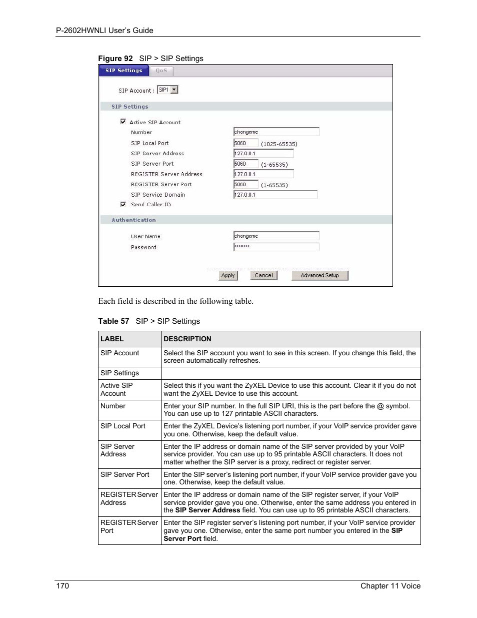 Figure 92 sip > sip settings, Table 57 sip > sip settings | ZyXEL Communications 802.11g Wireless ADSL2+ 4-port VoIP IAD P-2602HWNLI User Manual | Page 170 / 442