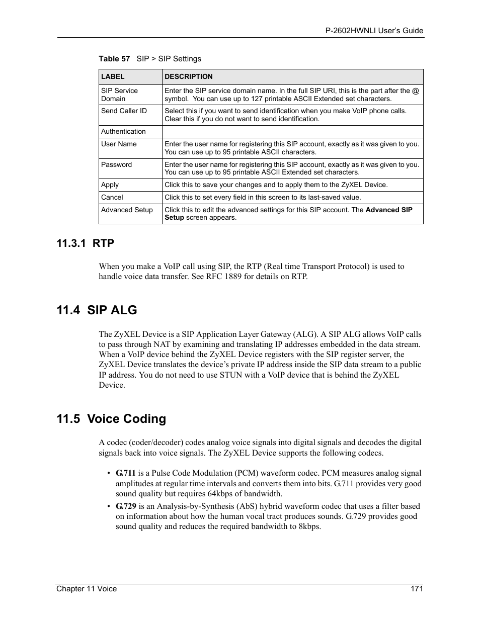 1 rtp, 4 sip alg, 5 voice coding | 4 sip alg 11.5 voice coding | ZyXEL Communications 802.11g Wireless ADSL2+ 4-port VoIP IAD P-2602HWNLI User Manual | Page 171 / 442