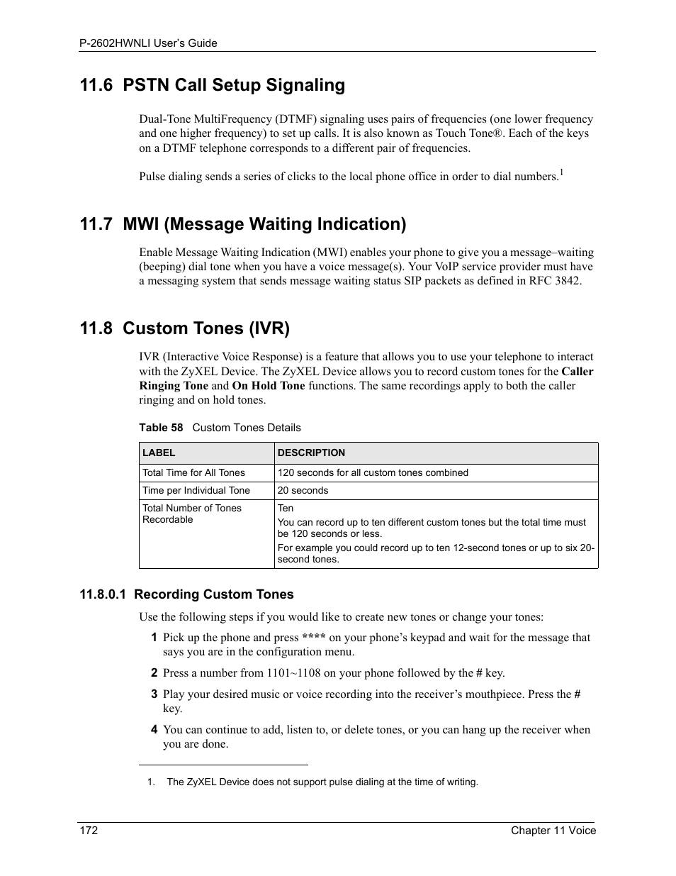 6 pstn call setup signaling, 7 mwi (message waiting indication), 8 custom tones (ivr) | 1 recording custom tones, Table 58 custom tones details | ZyXEL Communications 802.11g Wireless ADSL2+ 4-port VoIP IAD P-2602HWNLI User Manual | Page 172 / 442