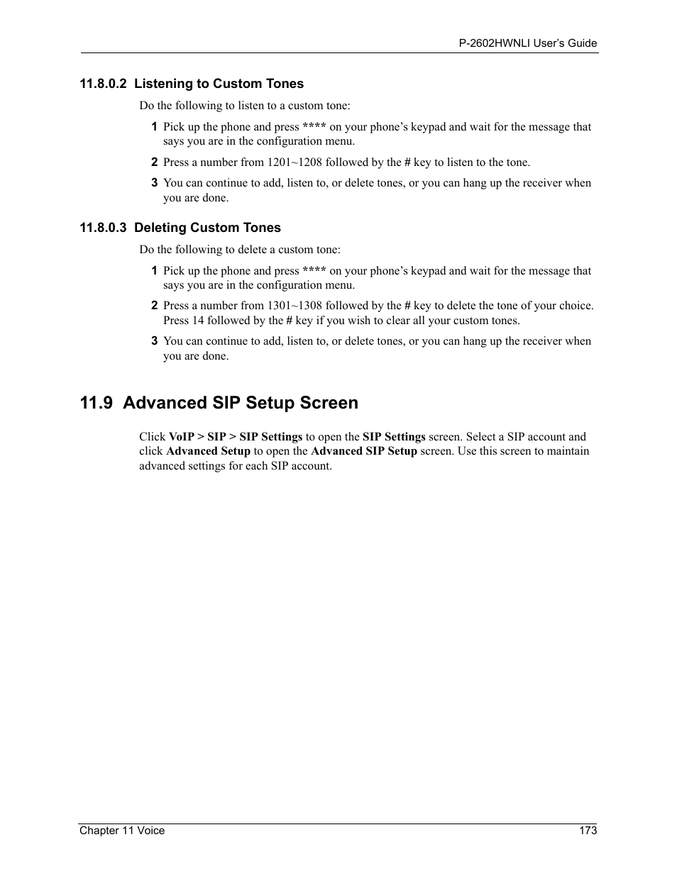 2 listening to custom tones, 3 deleting custom tones, 9 advanced sip setup screen | ZyXEL Communications 802.11g Wireless ADSL2+ 4-port VoIP IAD P-2602HWNLI User Manual | Page 173 / 442