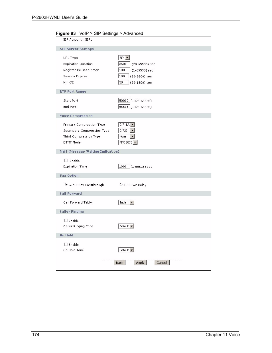 Figure 93 voip > sip settings > advanced | ZyXEL Communications 802.11g Wireless ADSL2+ 4-port VoIP IAD P-2602HWNLI User Manual | Page 174 / 442