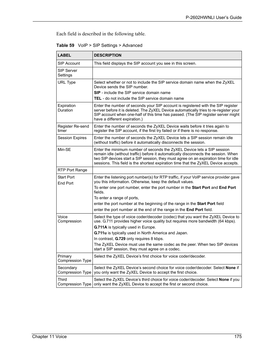 Table 59 voip > sip settings > advanced | ZyXEL Communications 802.11g Wireless ADSL2+ 4-port VoIP IAD P-2602HWNLI User Manual | Page 175 / 442